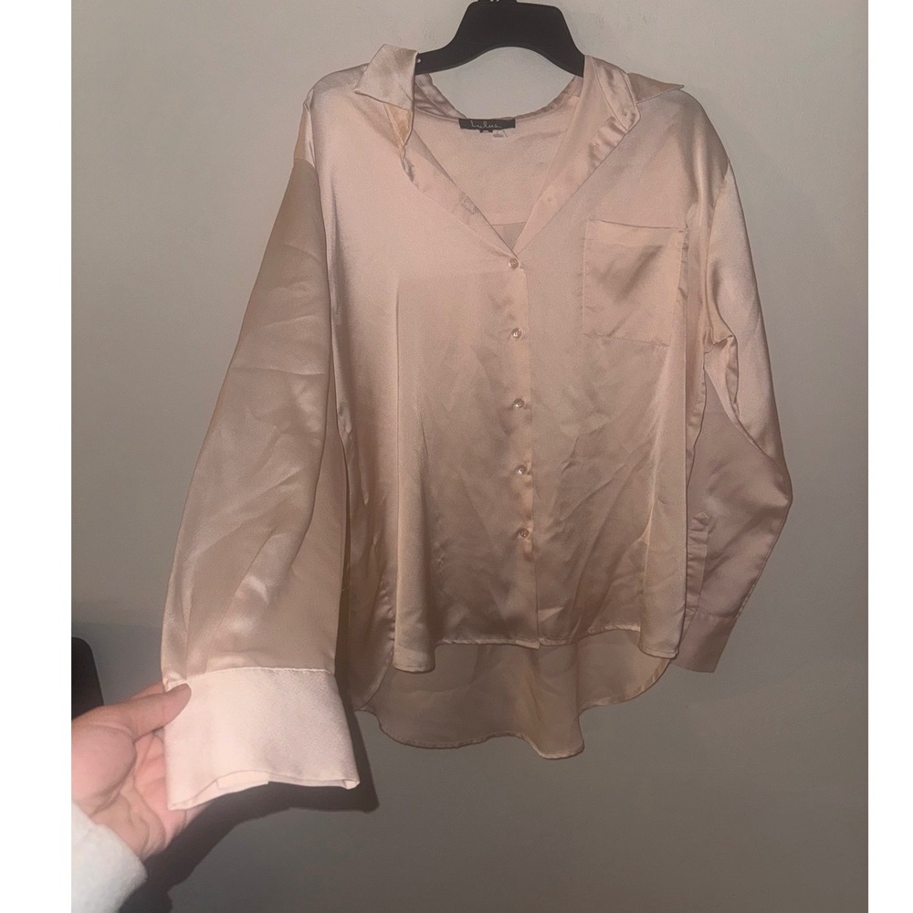 Lulus Champagne Pink Satin Button Up Blouse Long Sleeve Pocket Top M